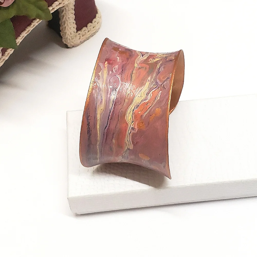 Hand Painted Acrylic Pour Pink Purple & Copper Metallic Swirl Cuff Bracelet